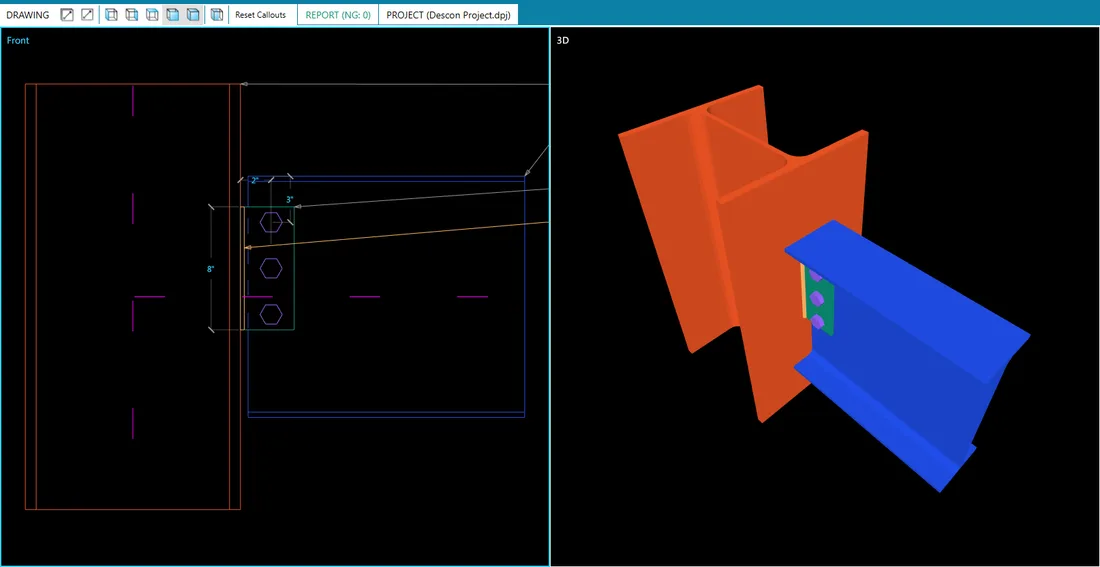 Descon 8.1 designing a single plate shear connection of a W16X26 beam to a W14X90 column: the front view, the 3D view and a ratio of 0.93