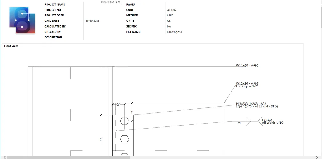 The top of Descon's report for that connection: the project block and the front view with its callouts