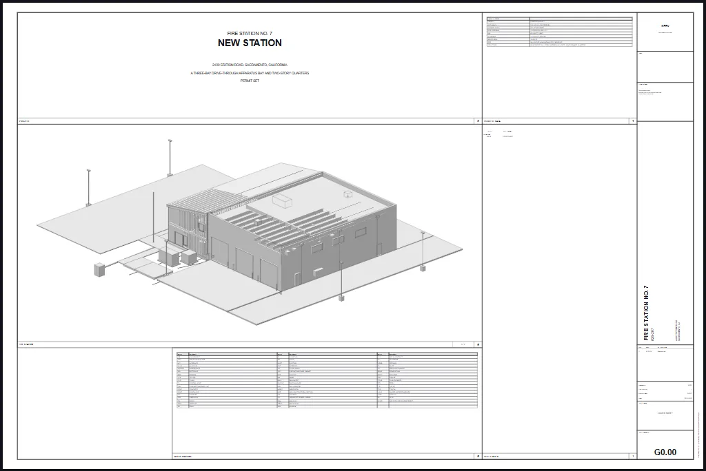 The cover sheet of the fire station's permit set, drawn by Nerv from the model