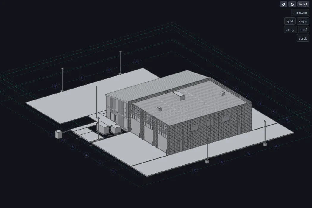 Nerv's fire station example: a masonry apparatus bay and a two-story quarters wing on their site, in 3D