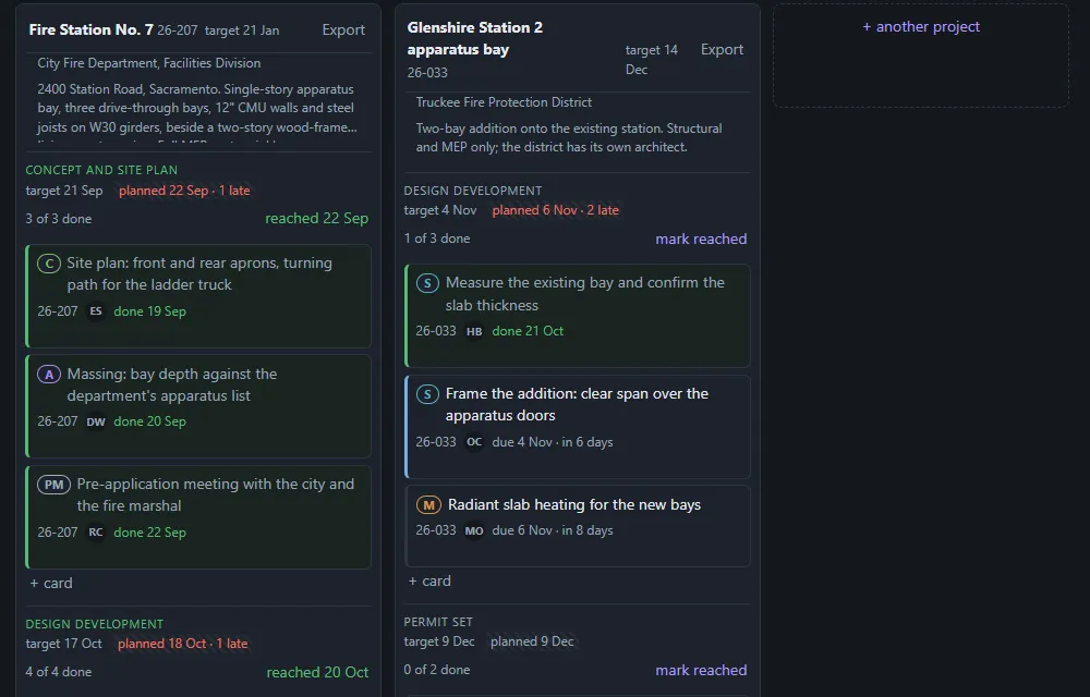 Span's project board: milestones as sections, cards with an owner and a date