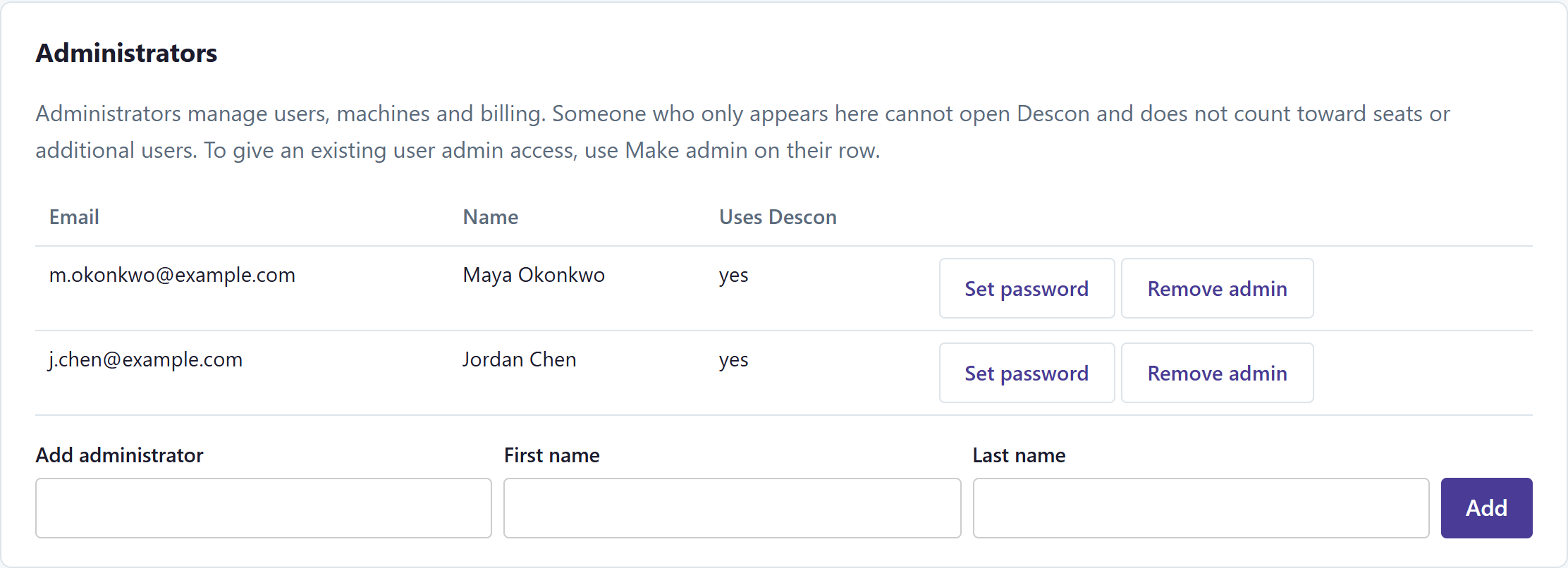 The Administrators list on the Descon portal, showing who can manage users, machines, and billing, and a form to add another administrator.