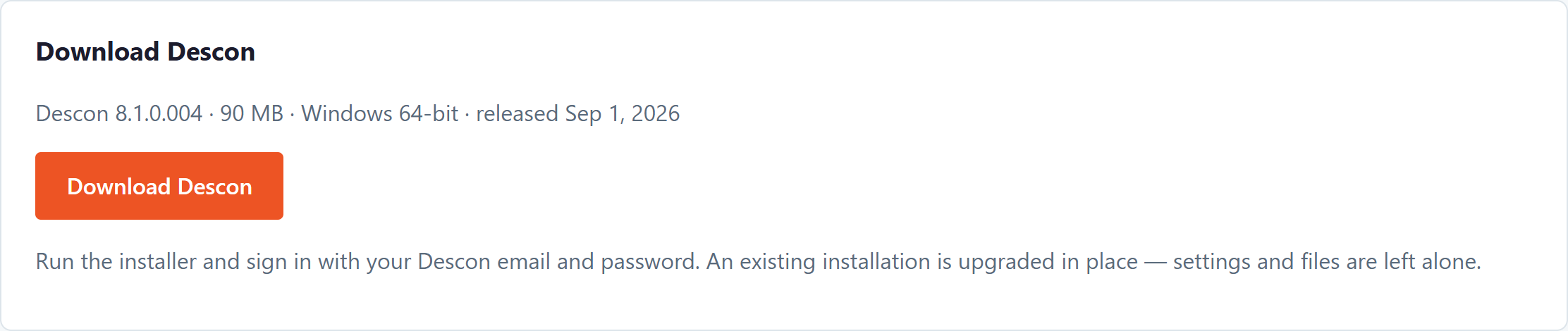The Download Descon card on the portal, showing the current version, file size, and an orange download button.