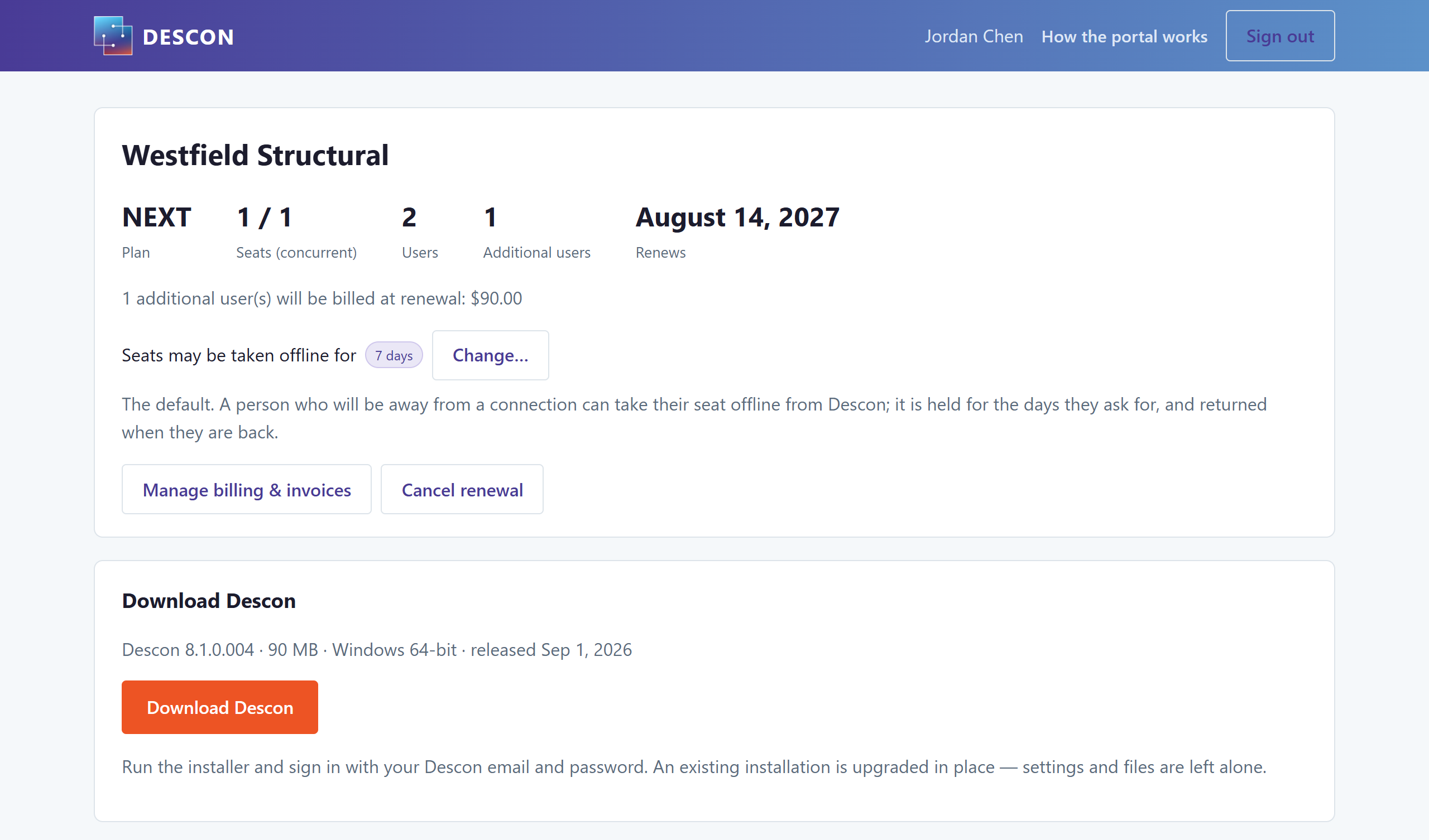 A signed-in Descon portal account showing the NEXT plan, concurrent seats, user count, renewal date, offline days, billing buttons, and the download for the current installer.