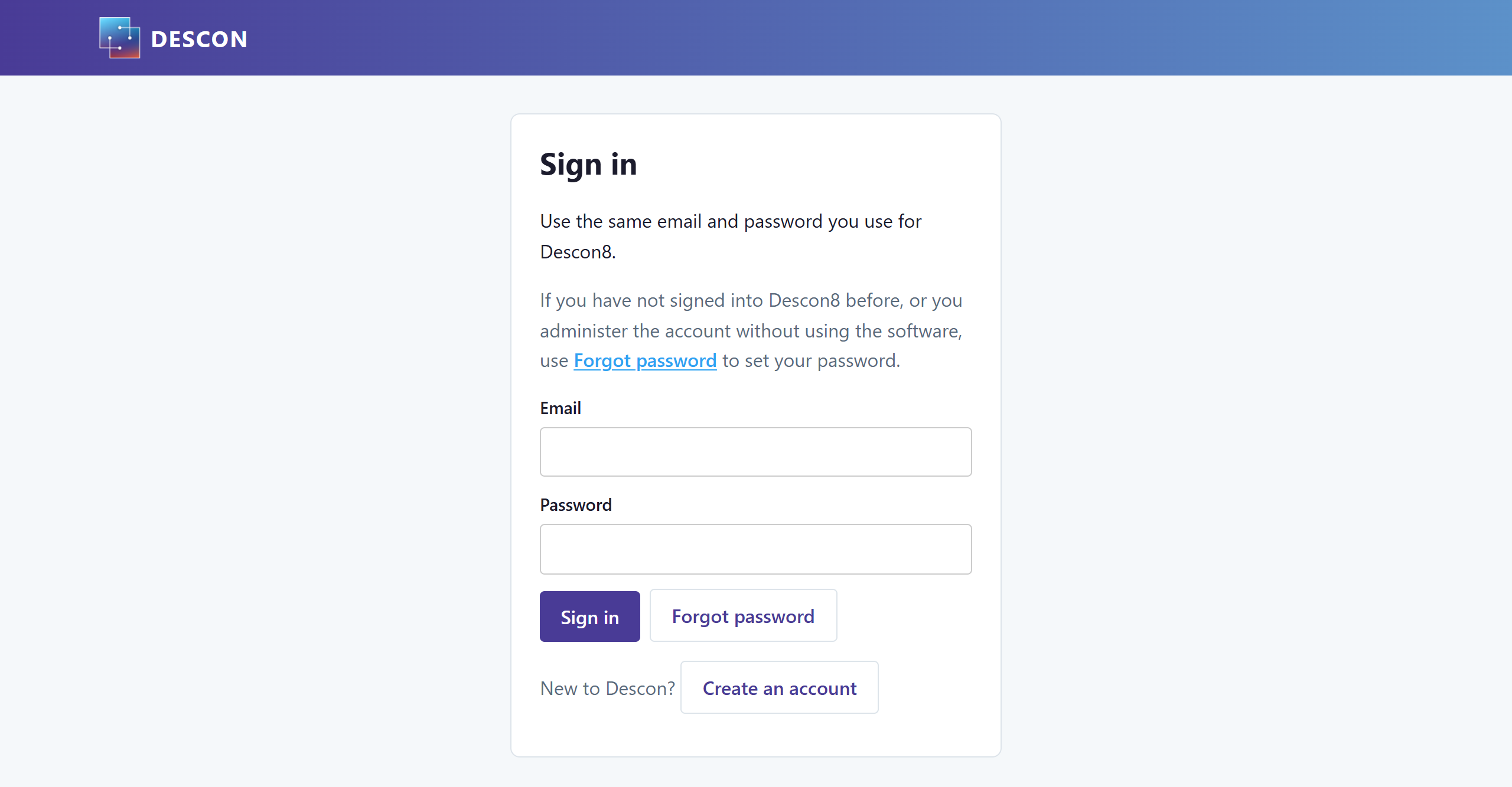 The Descon portal sign-in page, with fields for email and password and a reminder to use the same credentials as Descon 8.
