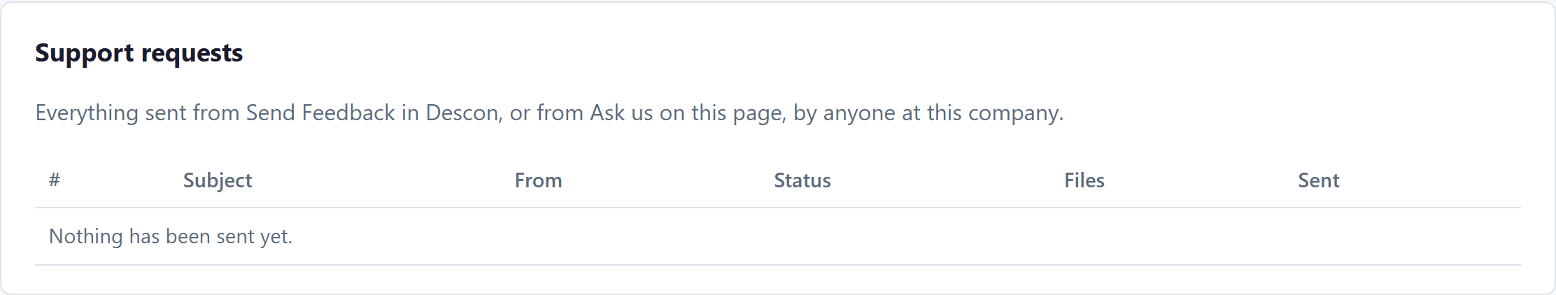 The Support requests section of the Descon portal, which collects feedback sent from Descon and questions asked on the portal.