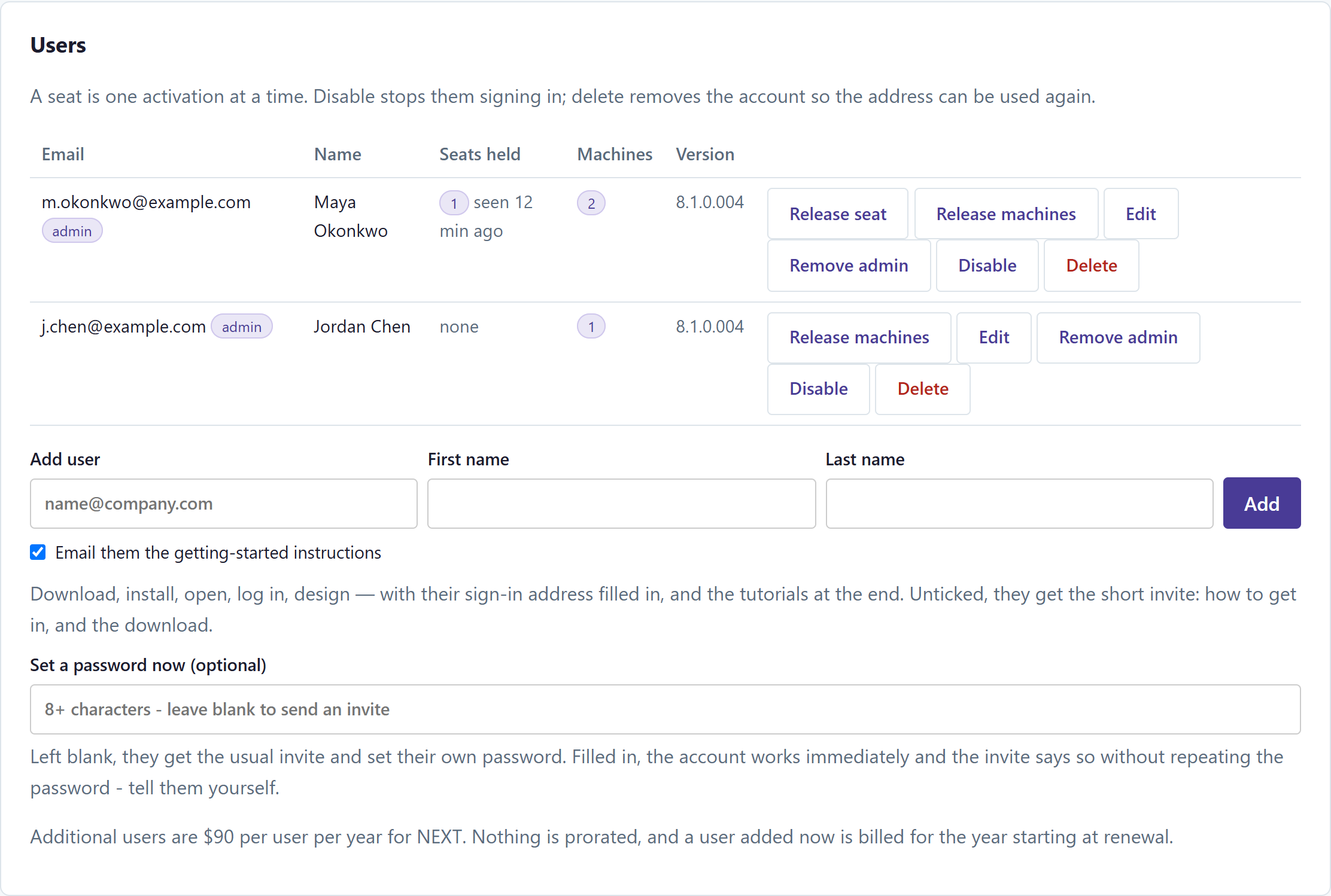 The Users list on the Descon portal, with each person’s email, name, seats held, machines, and version, plus the form to add a user.